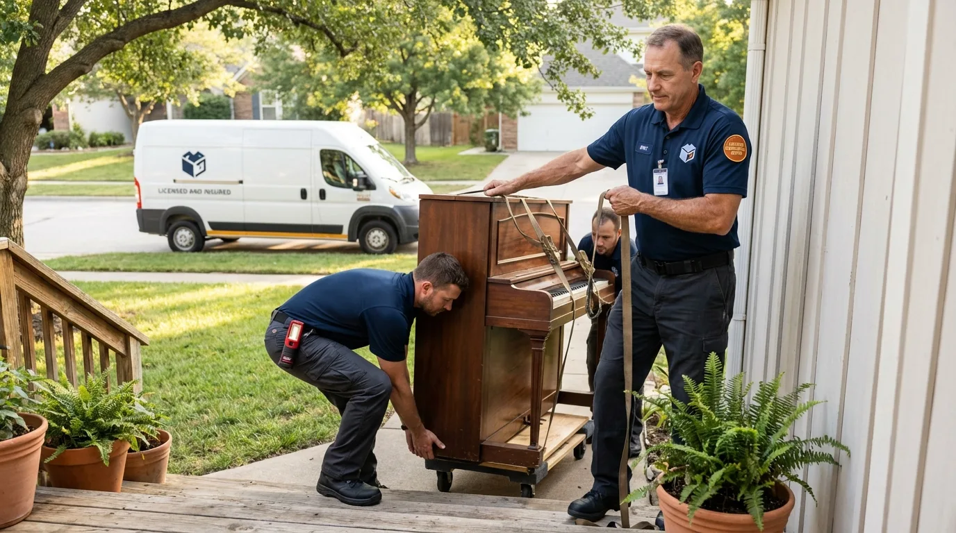 Licensed piano movers securing grand piano in Moonachie, NJ