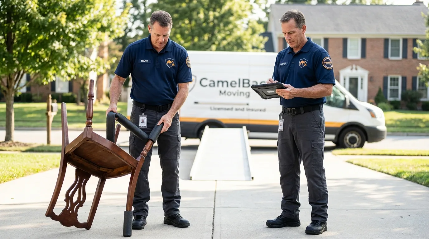 Movers inspecting furniture for damage prevention before loading in Moonachie, NJ