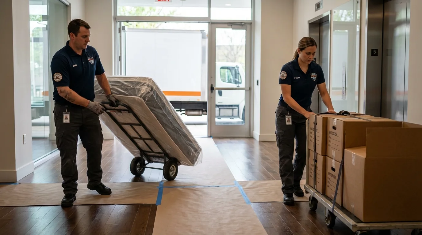 Professional apartment movers loading elevator in Moonachie, NJ